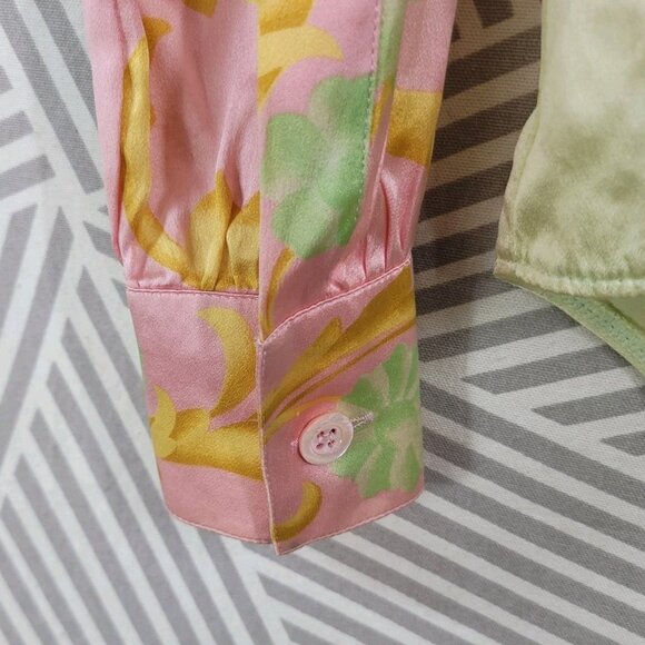 ESCADA Vintage 100% Silk Pink Green Gold Bodysuit Size Large 40 Wrap Top Royal - Picture 6 of 9